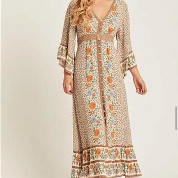 Boho Floral Gypsy Print Maxi Dress Yellow kimono - Picture 5 of 6